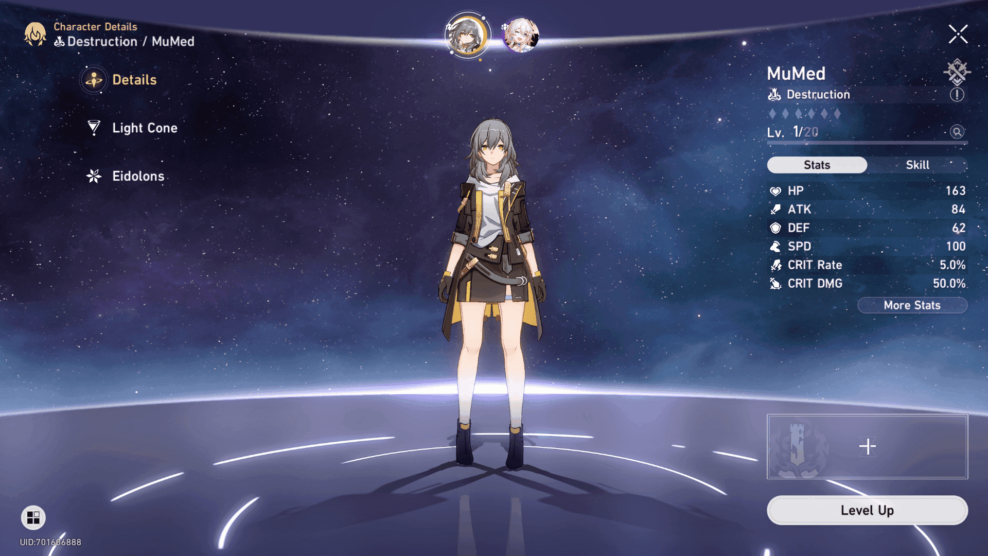 붕괴 스타레일 캐릭터 스탯창 속도 134 및 치명타 비율 세팅 화면