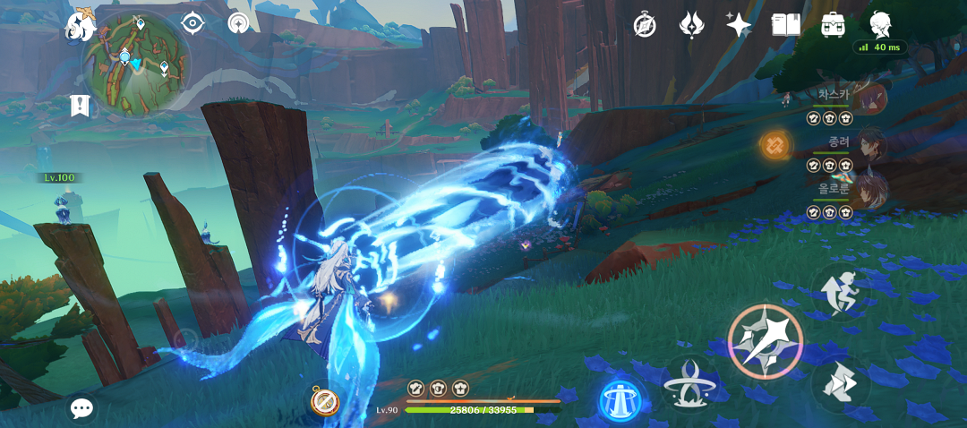 원신 나선비경 12층 다수전에서 활약하는 느비예트 강공격 전투 화면