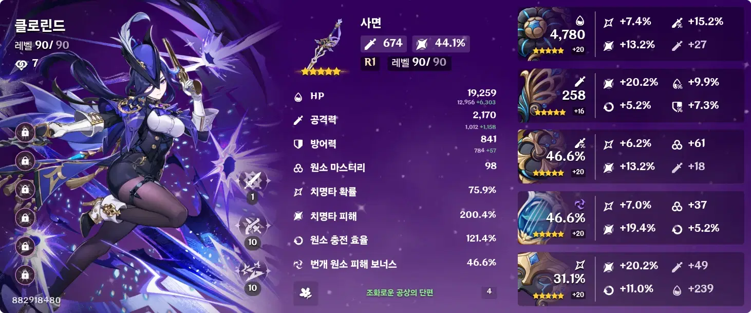 원신 클로린드 조화로운 공상의 단편 성유물 세팅 및 목표 종결 스탯창