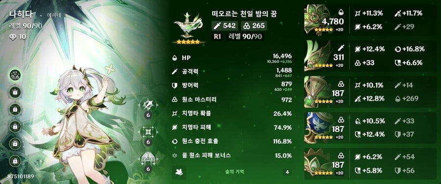 치명타 확률과 치명타 피해 부옵션이 극대화된 원신 종결급 성유물 스탯 화면