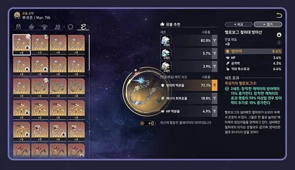붕괴 스타레일 4.2 업데이트로 추가된 유물 프리셋 시스템 인터페이스