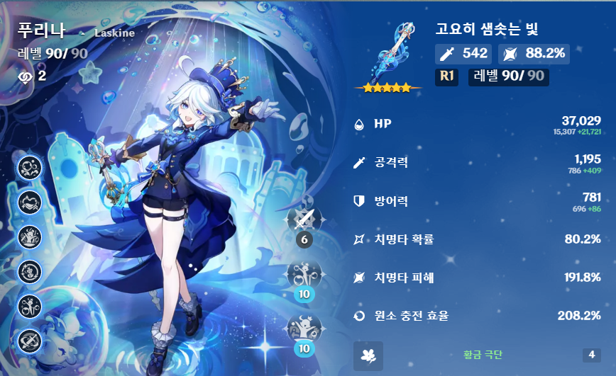 원신 푸리나 파티 조합별 권장 원소 충전 효율 가이드표
