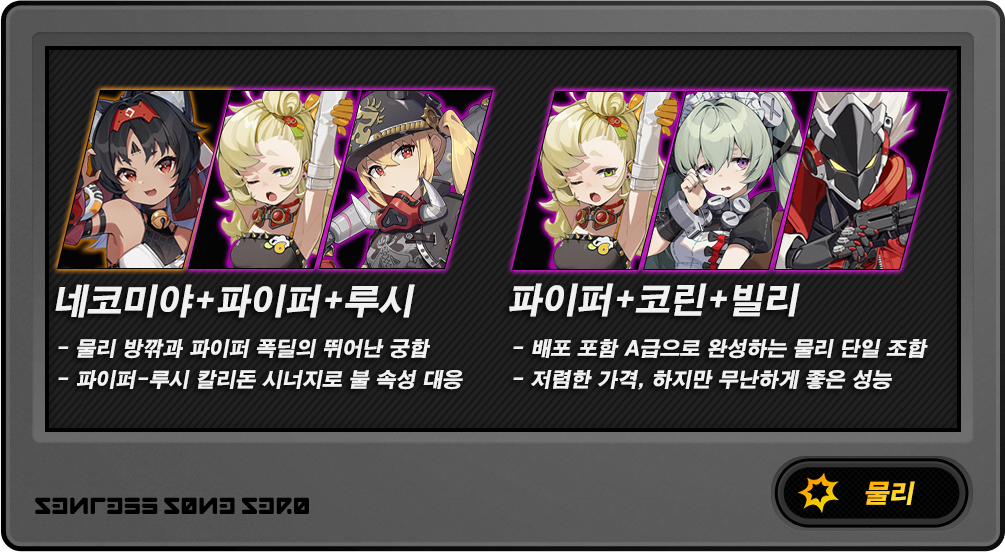 젠레스 존 제로 무과금 추천 1티어 물리 이상 파티인 파이퍼, 루시, 코린의 전투 운용 및 콤보 가이드